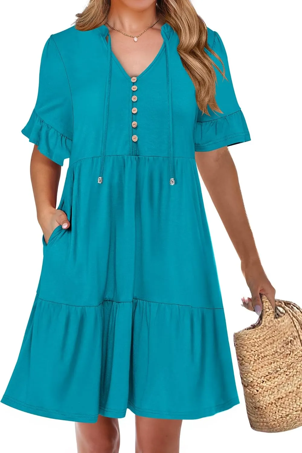 ANRABESS Womens Summer Casual Button Down Mini Dress Ruffle Short Sleeve V Neck Flowy A Line Tiered Beach Vacation Dresses