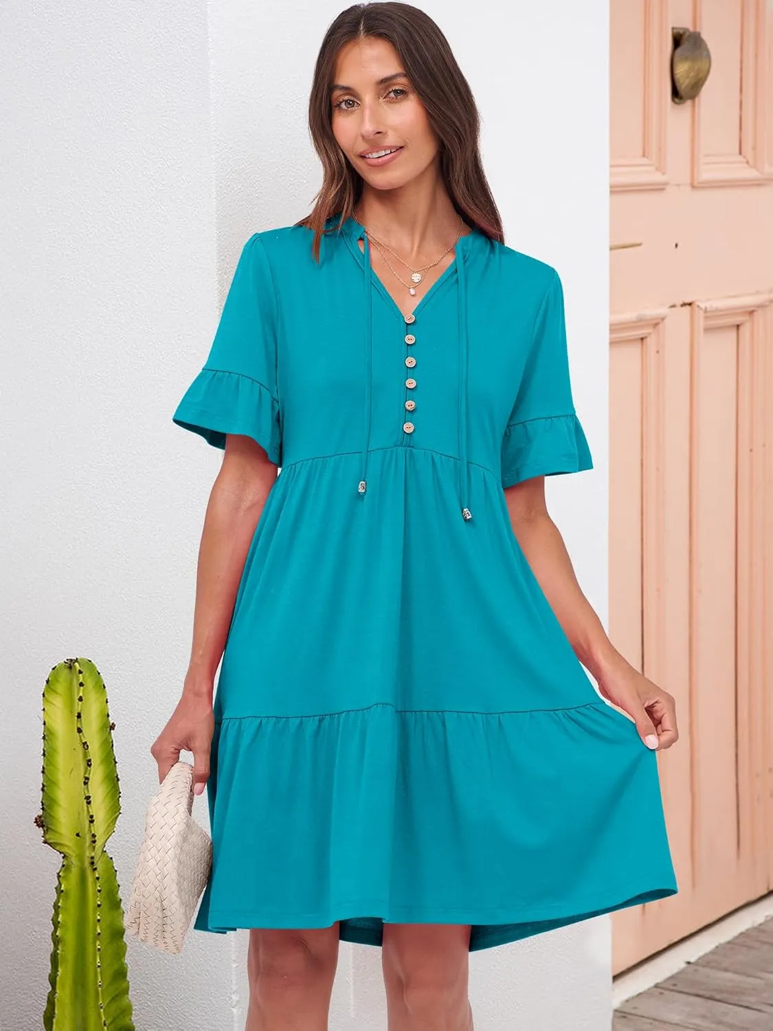 ANRABESS Womens Summer Casual Button Down Mini Dress Ruffle Short Sleeve V Neck Flowy A Line Tiered Beach Vacation Dresses