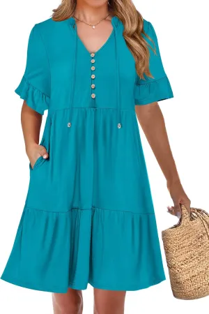 ANRABESS Womens Summer Casual Button Down Mini Dress Ruffle Short Sleeve V Neck Flowy A Line Tiered Beach Vacation Dresses