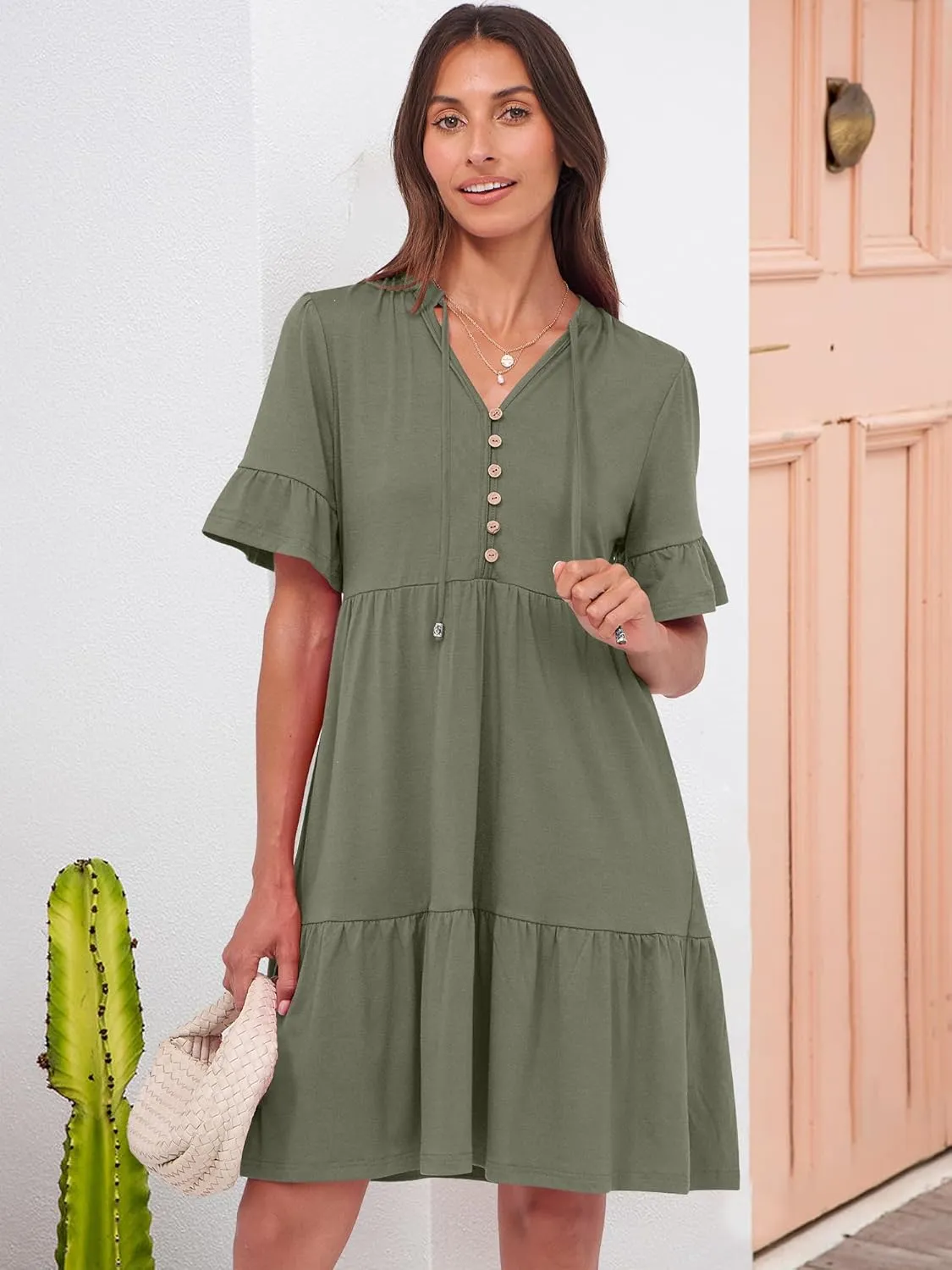 ANRABESS Womens Summer Casual Button Down Mini Dress Ruffle Short Sleeve V Neck Flowy A Line Tiered Beach Vacation Dresses