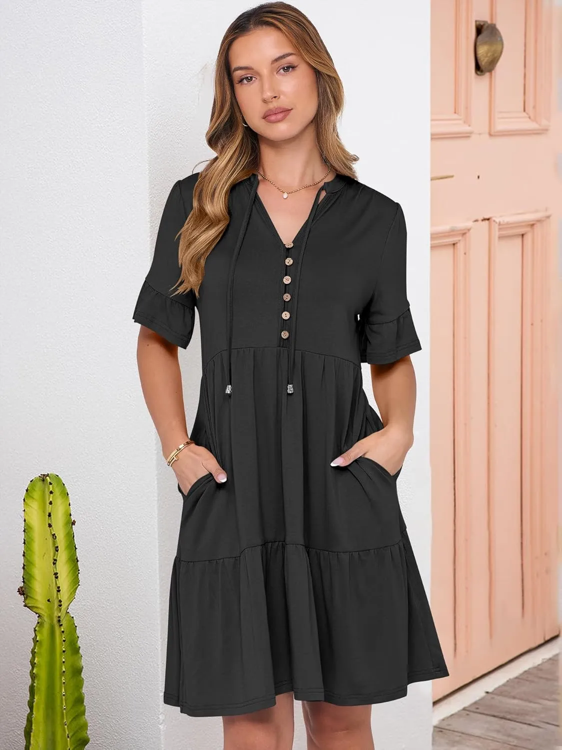 ANRABESS Womens Summer Casual Button Down Mini Dress Ruffle Short Sleeve V Neck Flowy A Line Tiered Beach Vacation Dresses