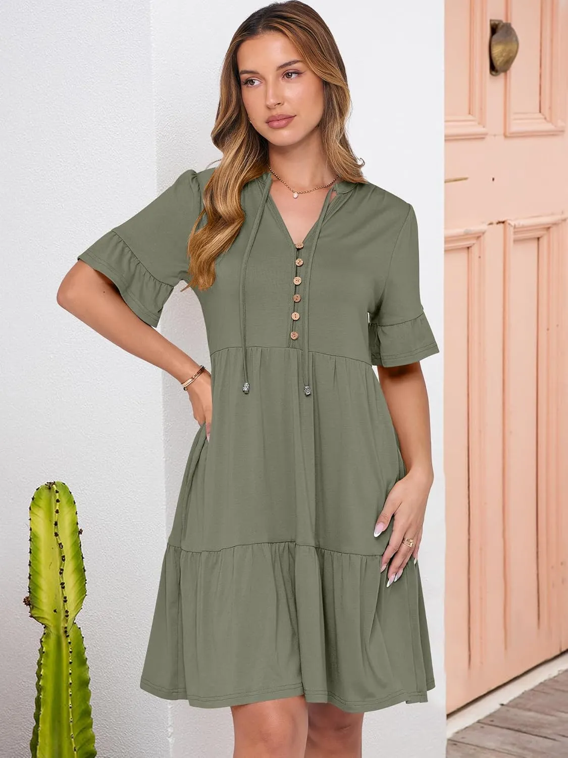 ANRABESS Womens Summer Casual Button Down Mini Dress Ruffle Short Sleeve V Neck Flowy A Line Tiered Beach Vacation Dresses