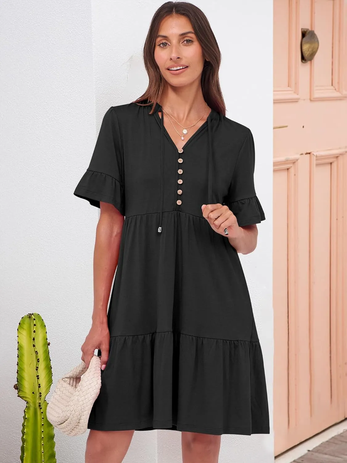 ANRABESS Womens Summer Casual Button Down Mini Dress Ruffle Short Sleeve V Neck Flowy A Line Tiered Beach Vacation Dresses