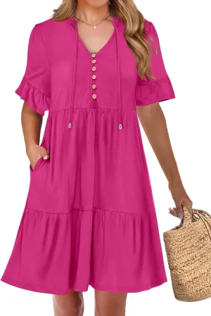 ANRABESS Womens Summer Casual Button Down Mini Dress Ruffle Short Sleeve V Neck Flowy A Line Tiered Beach Vacation Dresses