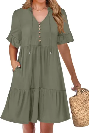 ANRABESS Womens Summer Casual Button Down Mini Dress Ruffle Short Sleeve V Neck Flowy A Line Tiered Beach Vacation Dresses