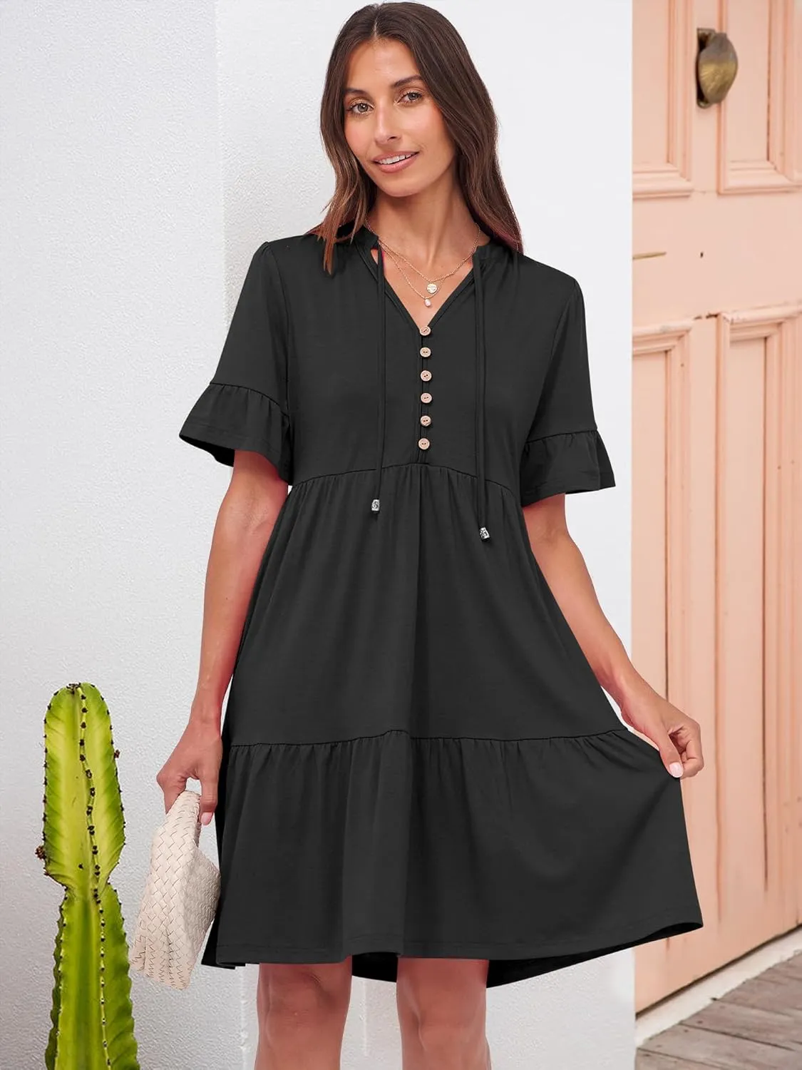ANRABESS Womens Summer Casual Button Down Mini Dress Ruffle Short Sleeve V Neck Flowy A Line Tiered Beach Vacation Dresses