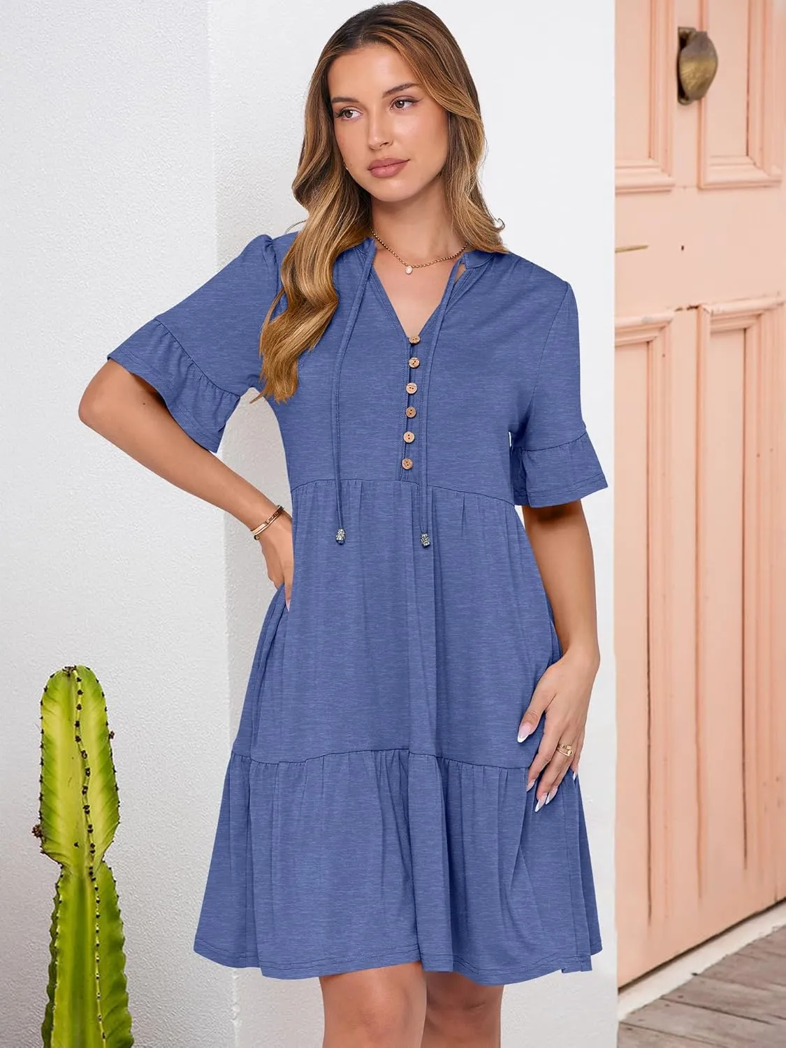ANRABESS Womens Summer Casual Button Down Mini Dress Ruffle Short Sleeve V Neck Flowy A Line Tiered Beach Vacation Dresses