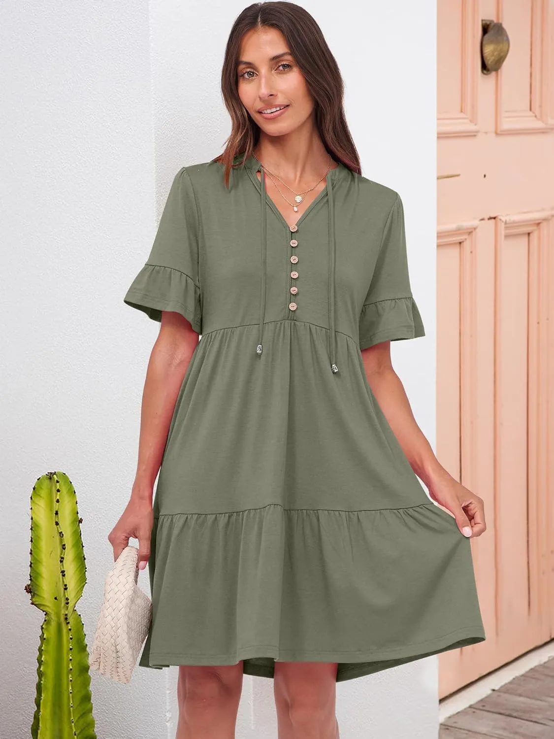 ANRABESS Womens Summer Casual Button Down Mini Dress Ruffle Short Sleeve V Neck Flowy A Line Tiered Beach Vacation Dresses