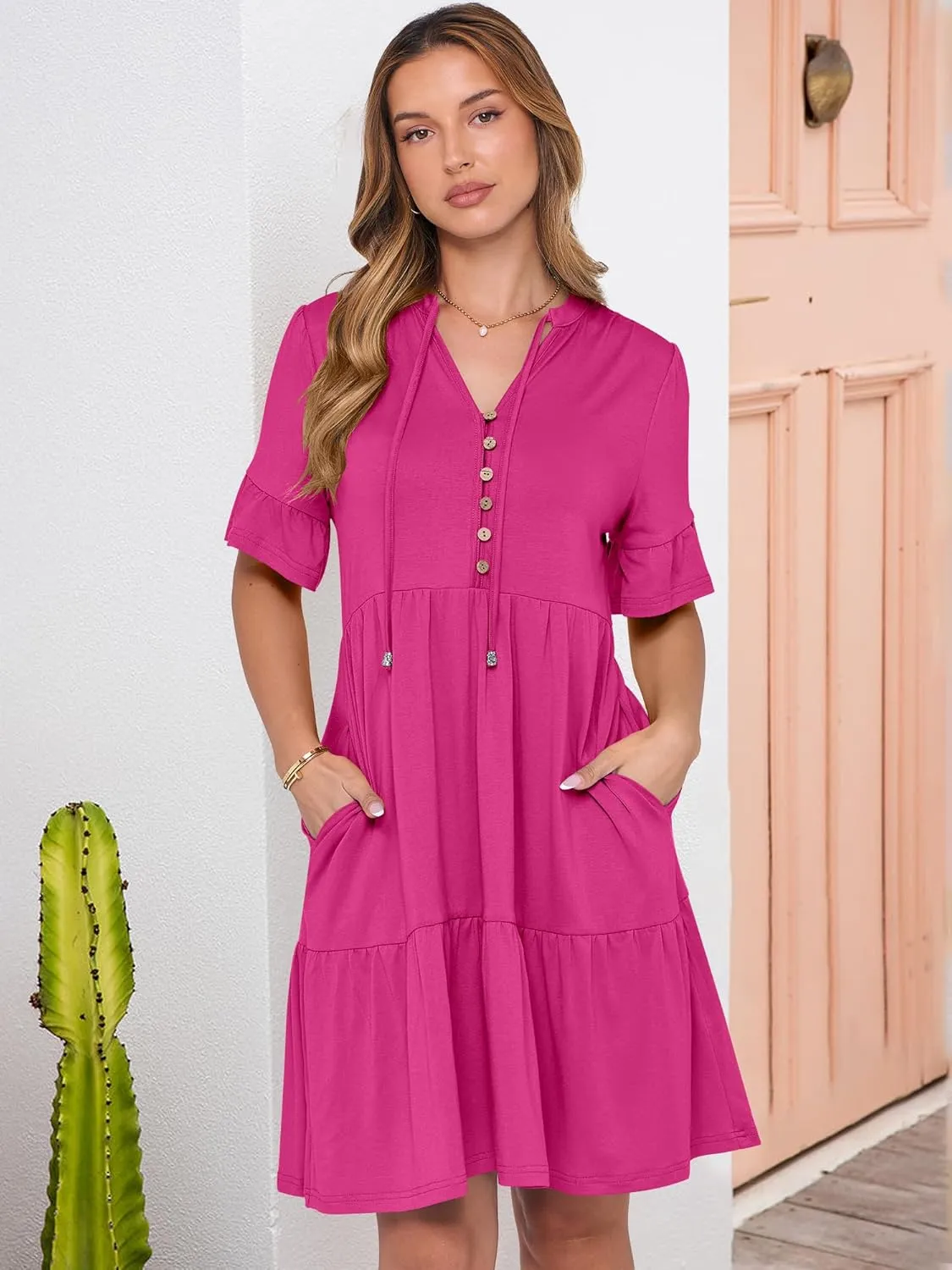 ANRABESS Womens Summer Casual Button Down Mini Dress Ruffle Short Sleeve V Neck Flowy A Line Tiered Beach Vacation Dresses