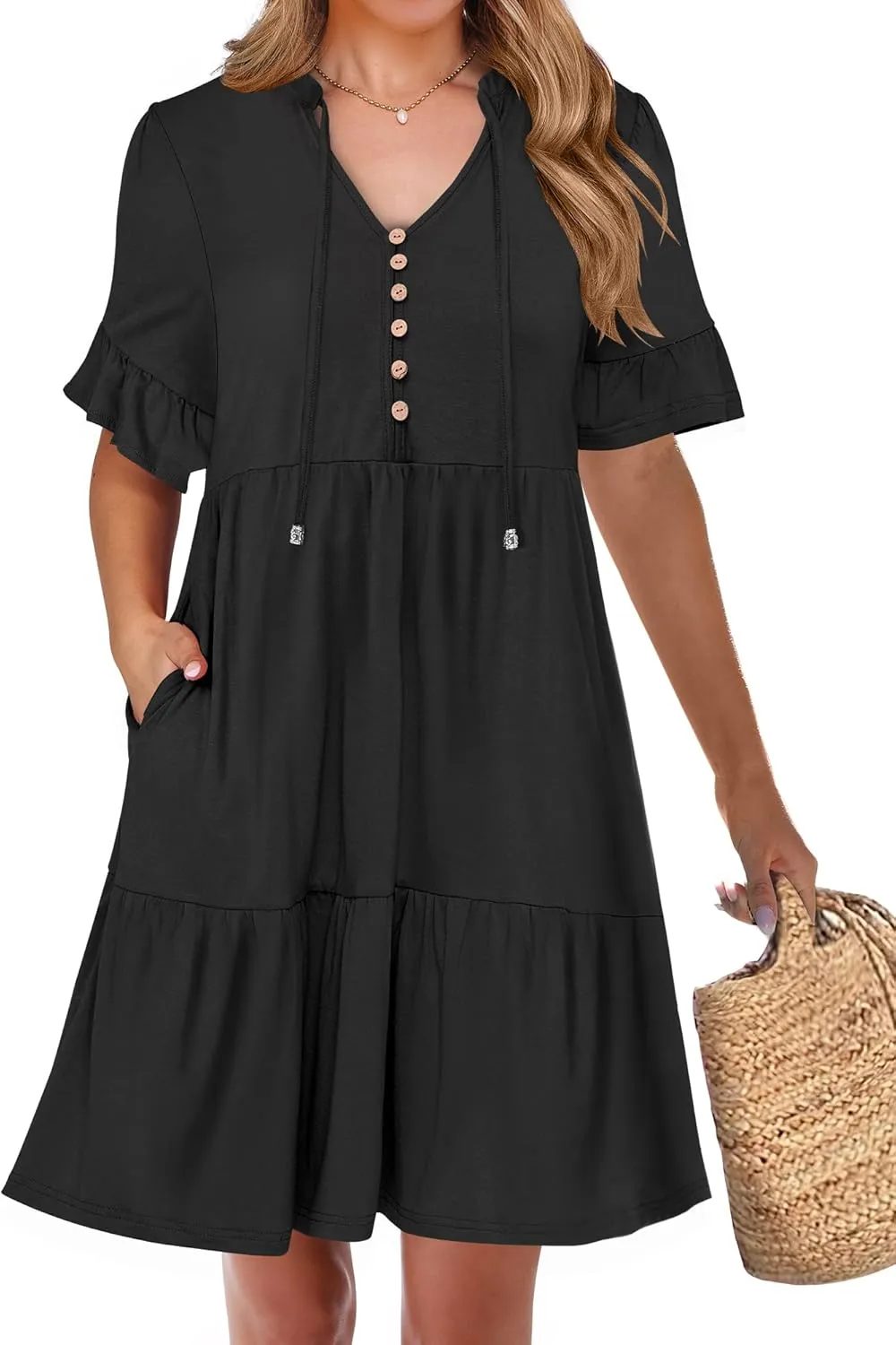 ANRABESS Womens Summer Casual Button Down Mini Dress Ruffle Short Sleeve V Neck Flowy A Line Tiered Beach Vacation Dresses