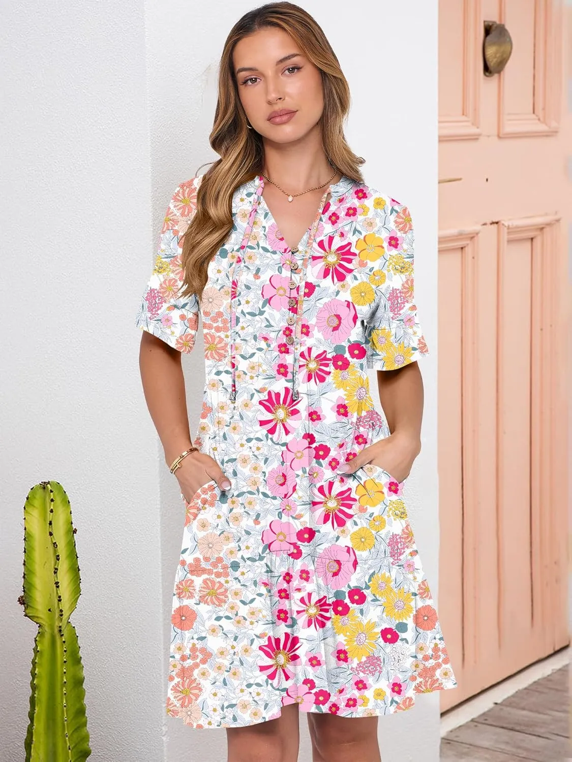 ANRABESS Womens Summer Casual Button Down Mini Dress Ruffle Short Sleeve V Neck Flowy A Line Tiered Beach Vacation Dresses