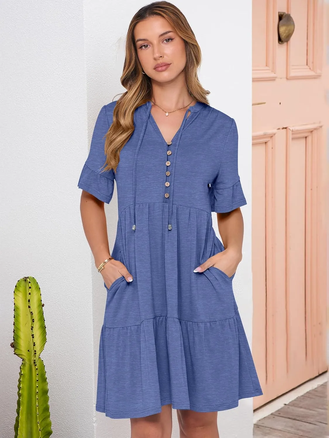 ANRABESS Womens Summer Casual Button Down Mini Dress Ruffle Short Sleeve V Neck Flowy A Line Tiered Beach Vacation Dresses