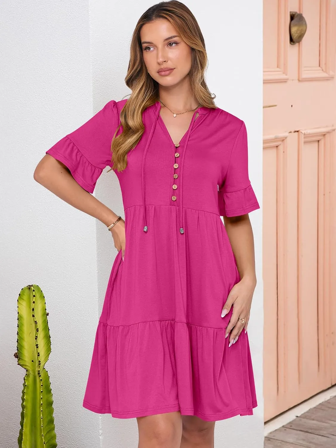 ANRABESS Womens Summer Casual Button Down Mini Dress Ruffle Short Sleeve V Neck Flowy A Line Tiered Beach Vacation Dresses