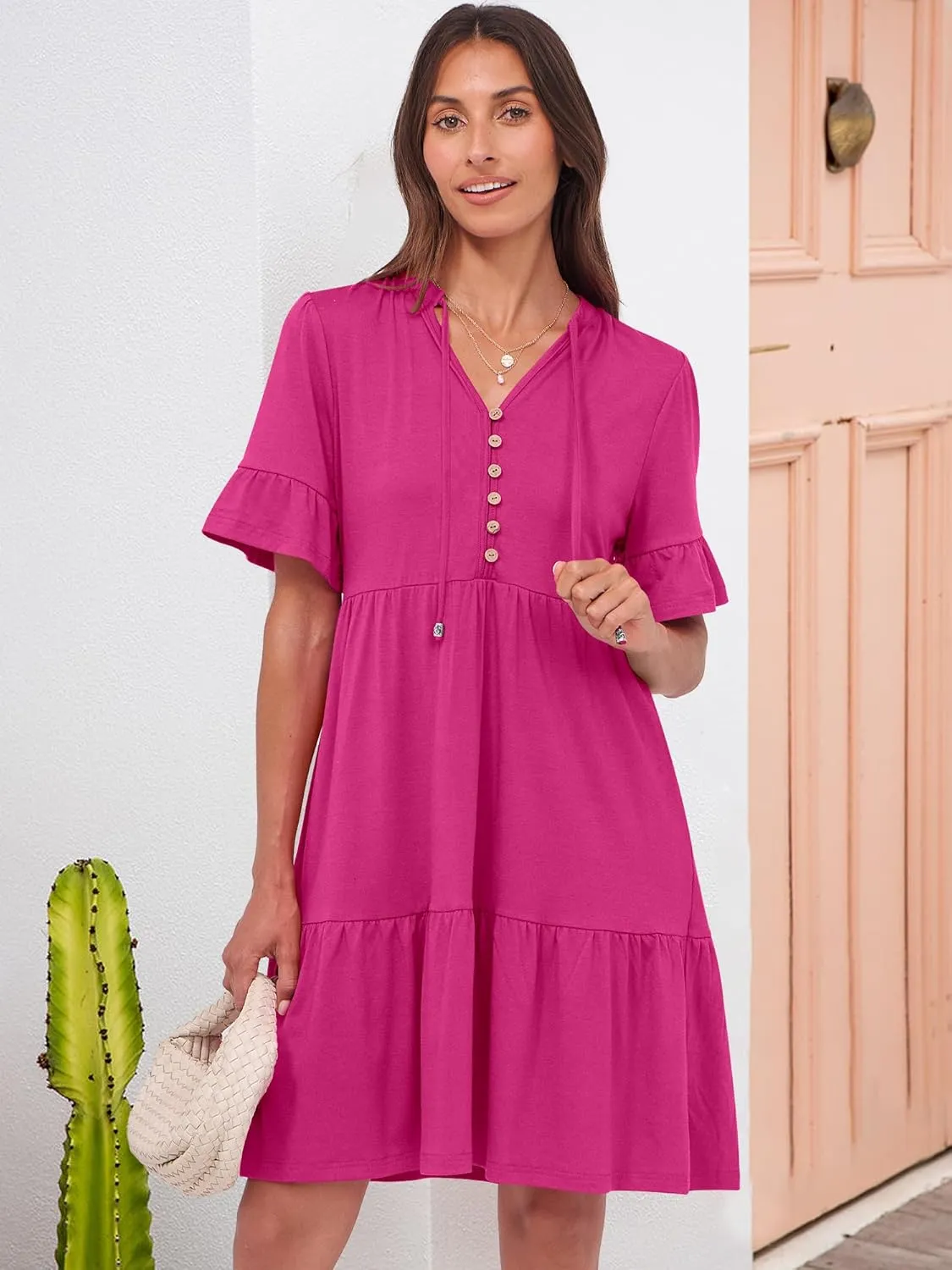 ANRABESS Womens Summer Casual Button Down Mini Dress Ruffle Short Sleeve V Neck Flowy A Line Tiered Beach Vacation Dresses
