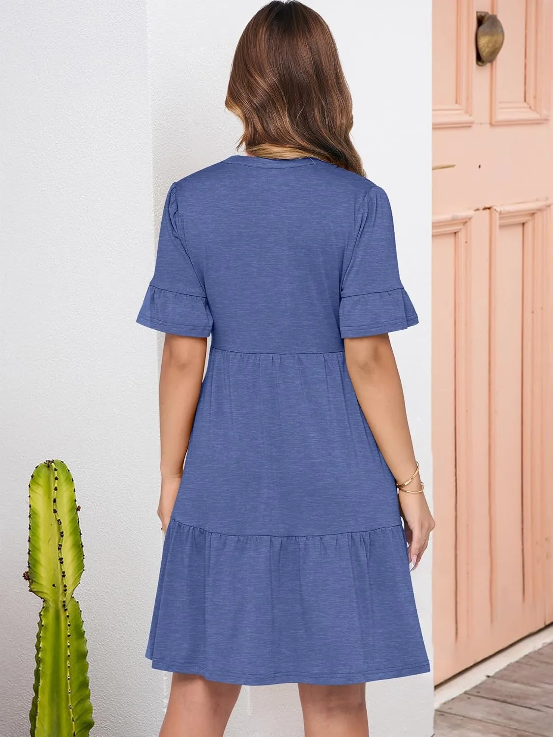 ANRABESS Womens Summer Casual Button Down Mini Dress Ruffle Short Sleeve V Neck Flowy A Line Tiered Beach Vacation Dresses