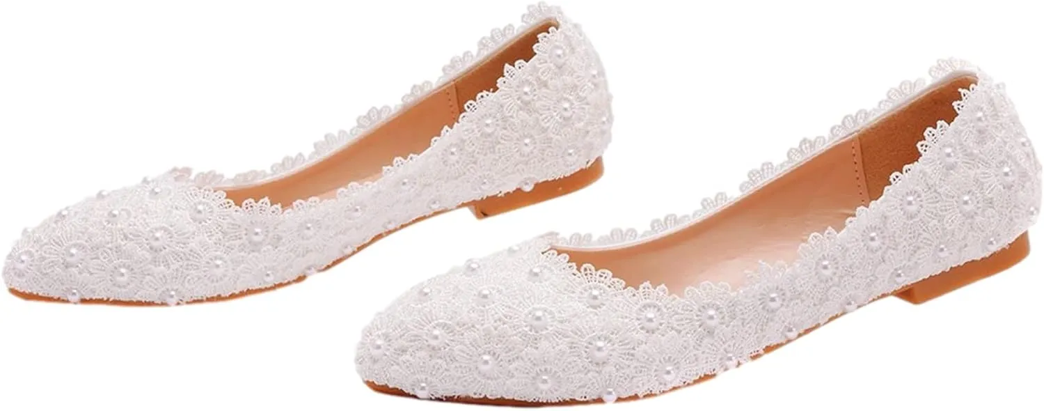 ANUFER Womens Elegant Pointed Toe Flower Lace Pearls Bridal Shoes Pumps Soft Sole Ballet Flats