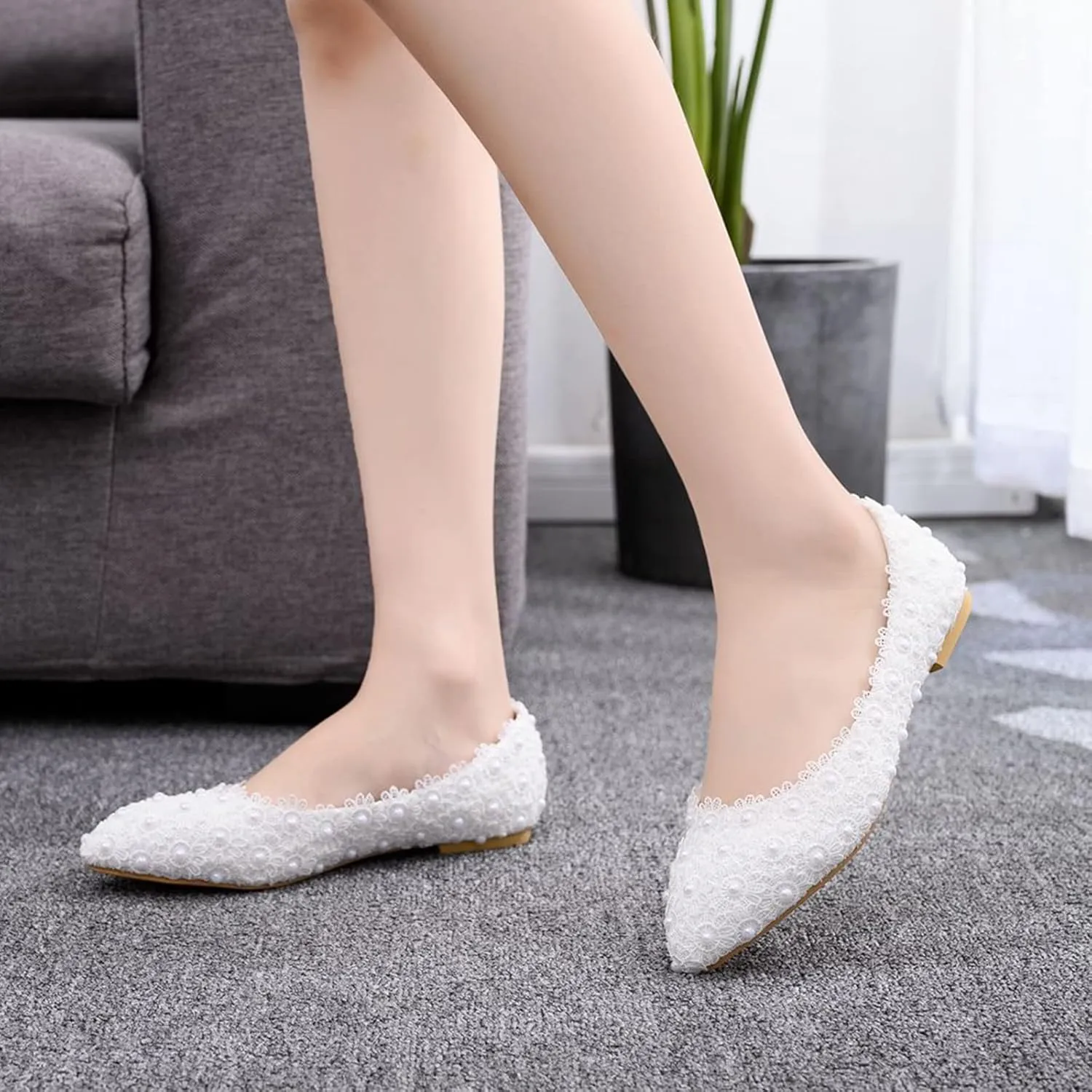 ANUFER Womens Elegant Pointed Toe Flower Lace Pearls Bridal Shoes Pumps Soft Sole Ballet Flats