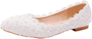 ANUFER Womens Elegant Pointed Toe Flower Lace Pearls Bridal Shoes Pumps Soft Sole Ballet Flats