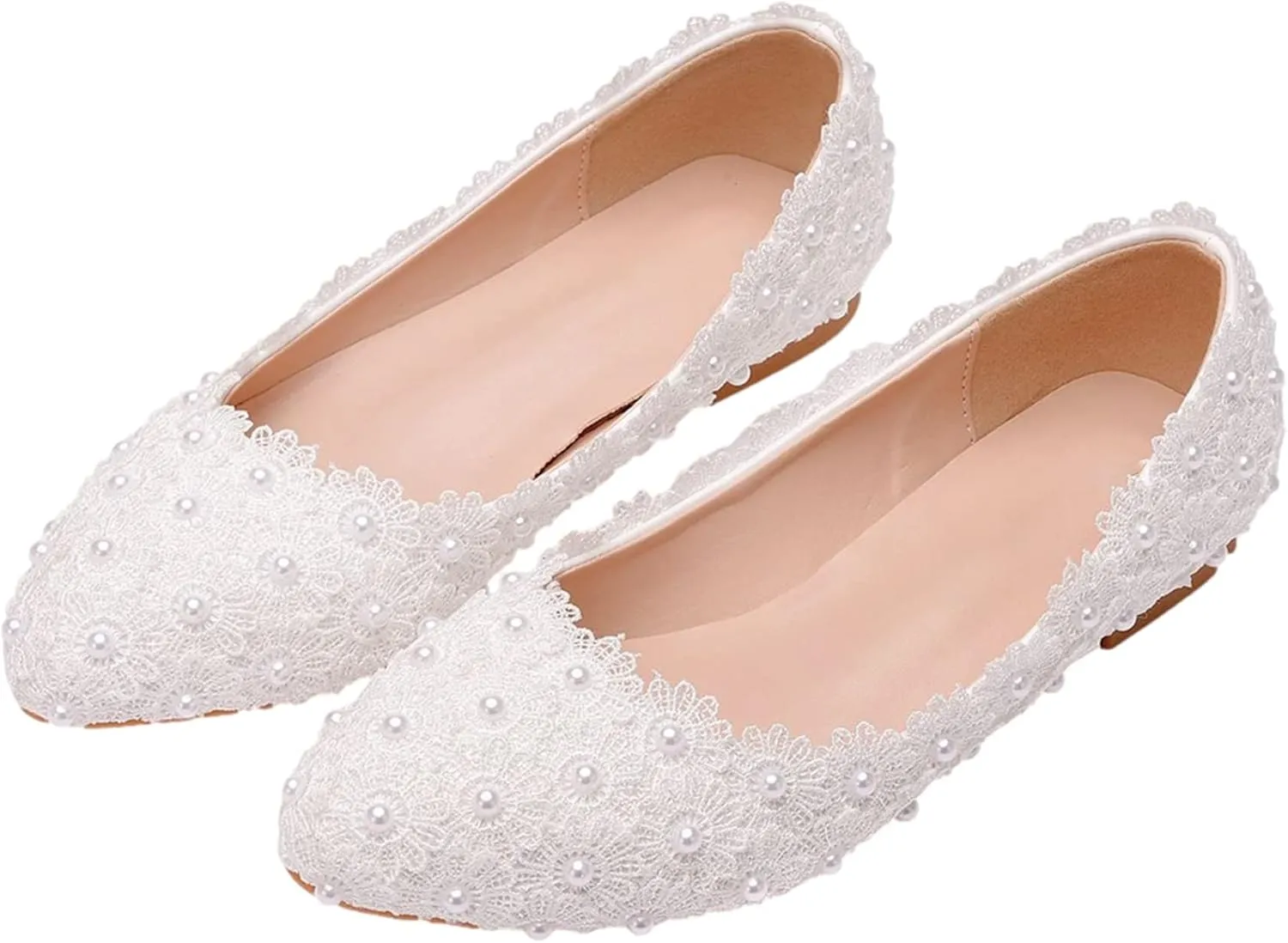 ANUFER Womens Elegant Pointed Toe Flower Lace Pearls Bridal Shoes Pumps Soft Sole Ballet Flats