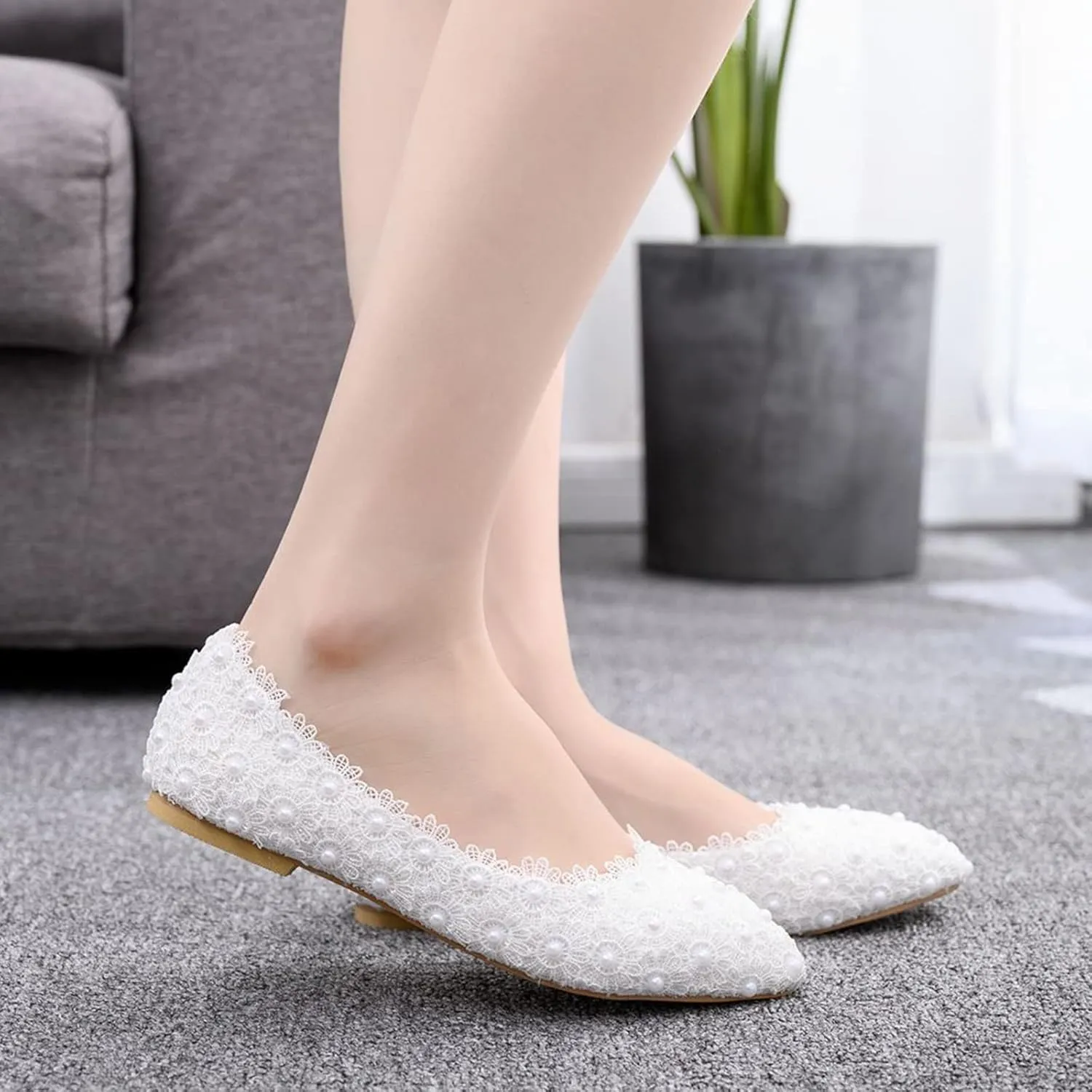 ANUFER Womens Elegant Pointed Toe Flower Lace Pearls Bridal Shoes Pumps Soft Sole Ballet Flats