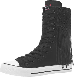 ANUFER Womens Girls Fashion Mid-Calf Canvas Boots Casual High Top Lace Up Canvas Sneakers