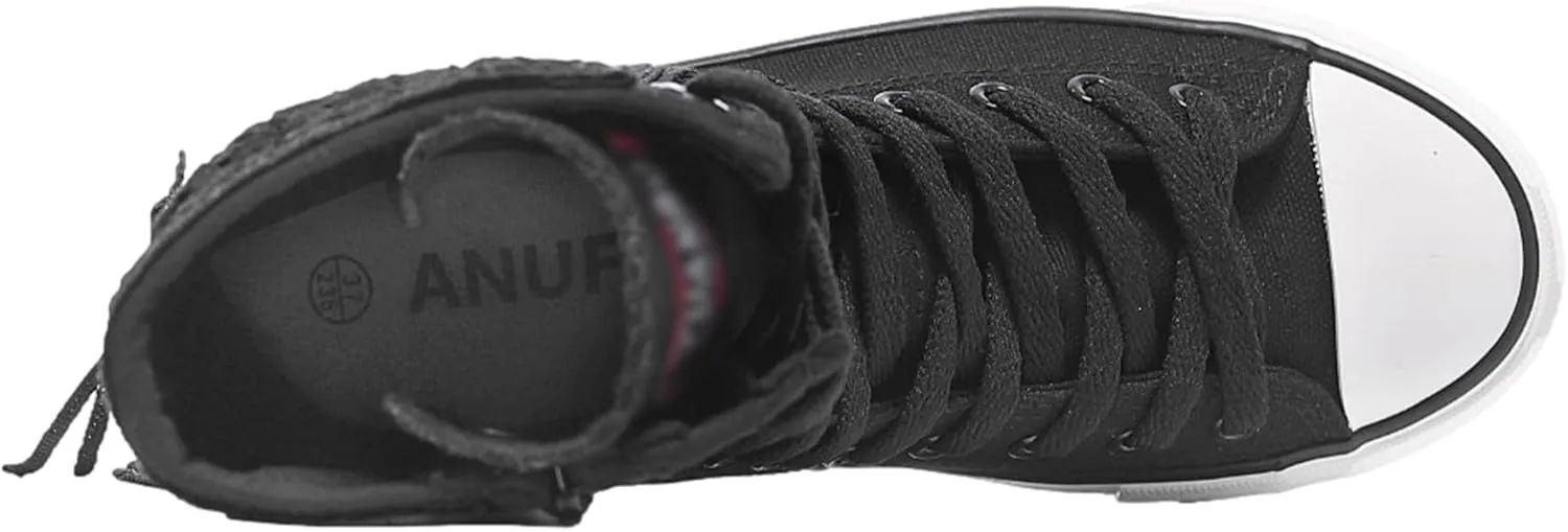 ANUFER Womens Girls Fashion Mid-Calf Canvas Boots Casual High Top Lace Up Canvas Sneakers