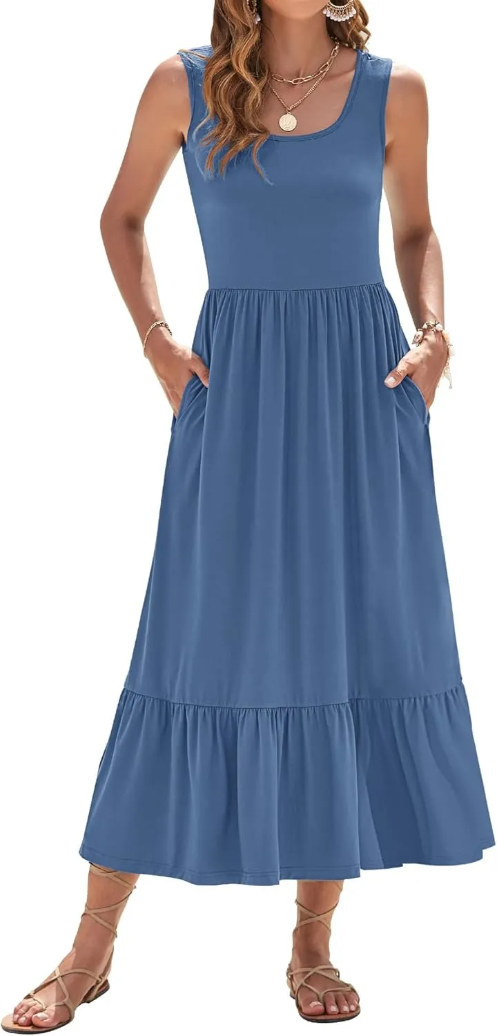 AUSELILY Womens Summer Dresses 2025 Sleeveless Maxi Dress Square Neck Casual Tiered Long Dress with Pockets