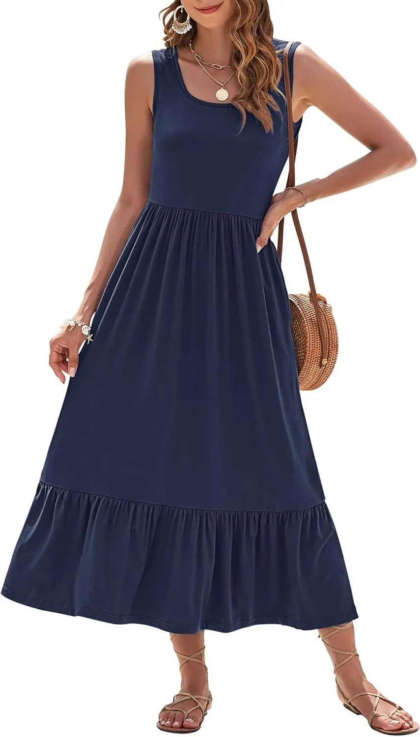 AUSELILY Womens Summer Dresses 2025 Sleeveless Maxi Dress Square Neck Casual Tiered Long Dress with Pockets