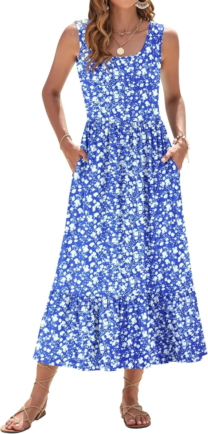 AUSELILY Womens Summer Dresses 2025 Sleeveless Maxi Dress Square Neck Casual Tiered Long Dress with Pockets