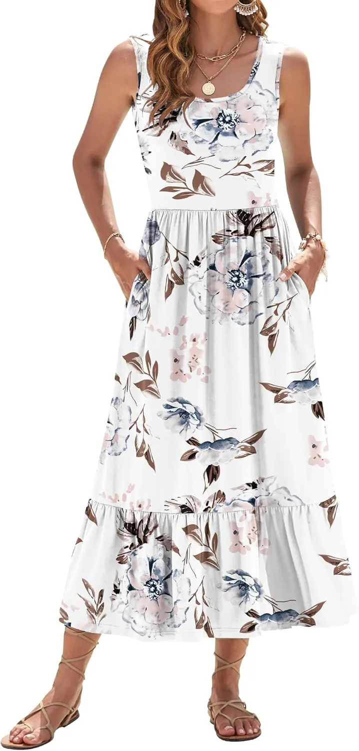 AUSELILY Womens Summer Dresses 2025 Sleeveless Maxi Dress Square Neck Casual Tiered Long Dress with Pockets