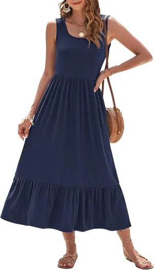 AUSELILY Womens Summer Dresses 2025 Sleeveless Maxi Dress Square Neck Casual Tiered Long Dress with Pockets