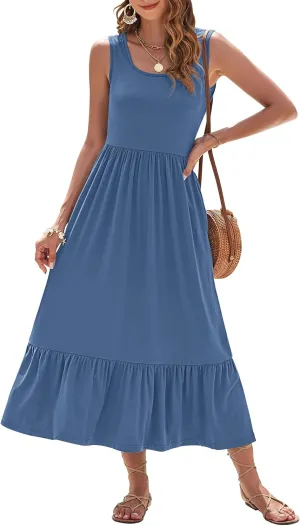 AUSELILY Womens Summer Dresses 2025 Sleeveless Maxi Dress Square Neck Casual Tiered Long Dress with Pockets