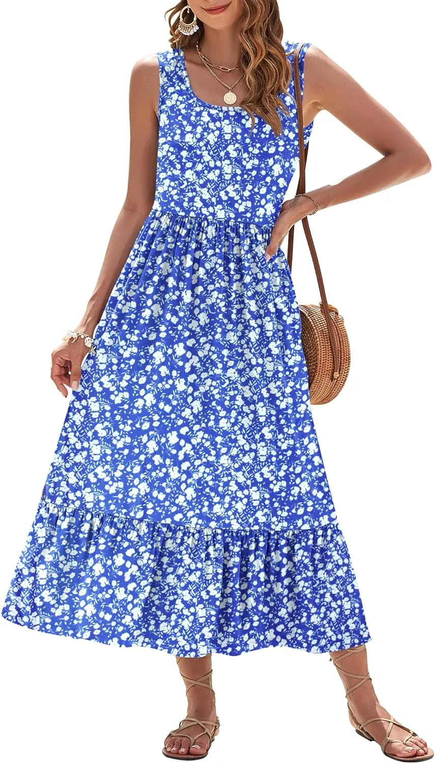 AUSELILY Womens Summer Dresses 2025 Sleeveless Maxi Dress Square Neck Casual Tiered Long Dress with Pockets