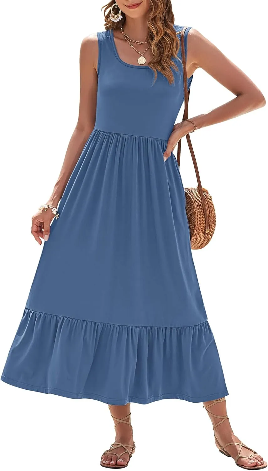 AUSELILY Womens Summer Dresses 2025 Sleeveless Maxi Dress Square Neck Casual Tiered Long Dress with Pockets