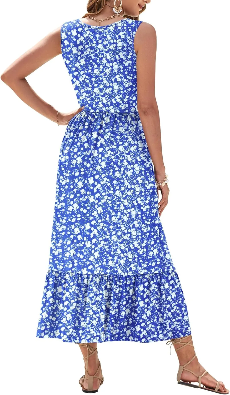 AUSELILY Womens Summer Dresses 2025 Sleeveless Maxi Dress Square Neck Casual Tiered Long Dress with Pockets