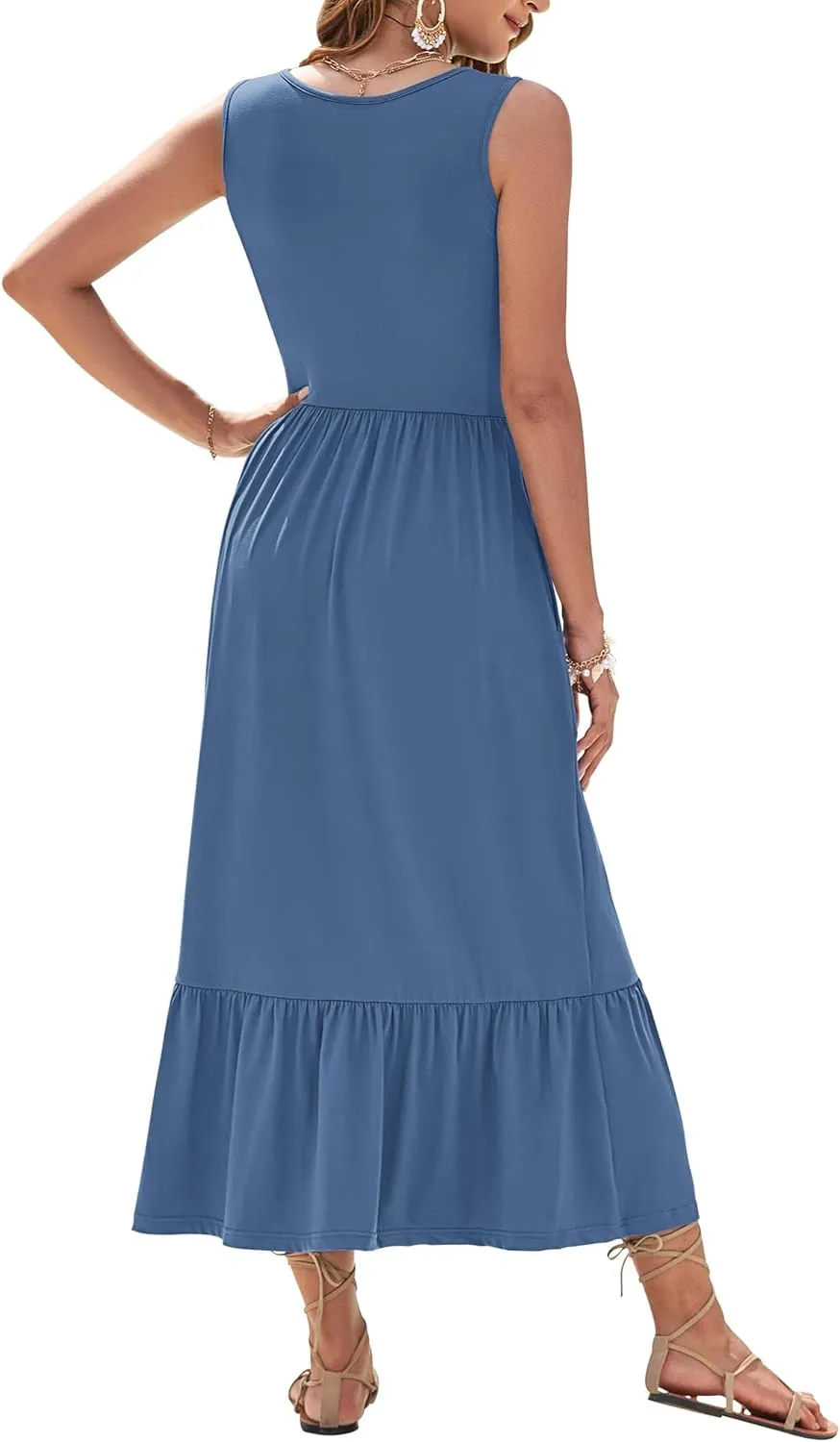 AUSELILY Womens Summer Dresses 2025 Sleeveless Maxi Dress Square Neck Casual Tiered Long Dress with Pockets