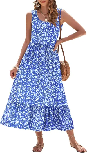 AUSELILY Womens Summer Dresses 2025 Sleeveless Maxi Dress Square Neck Casual Tiered Long Dress with Pockets