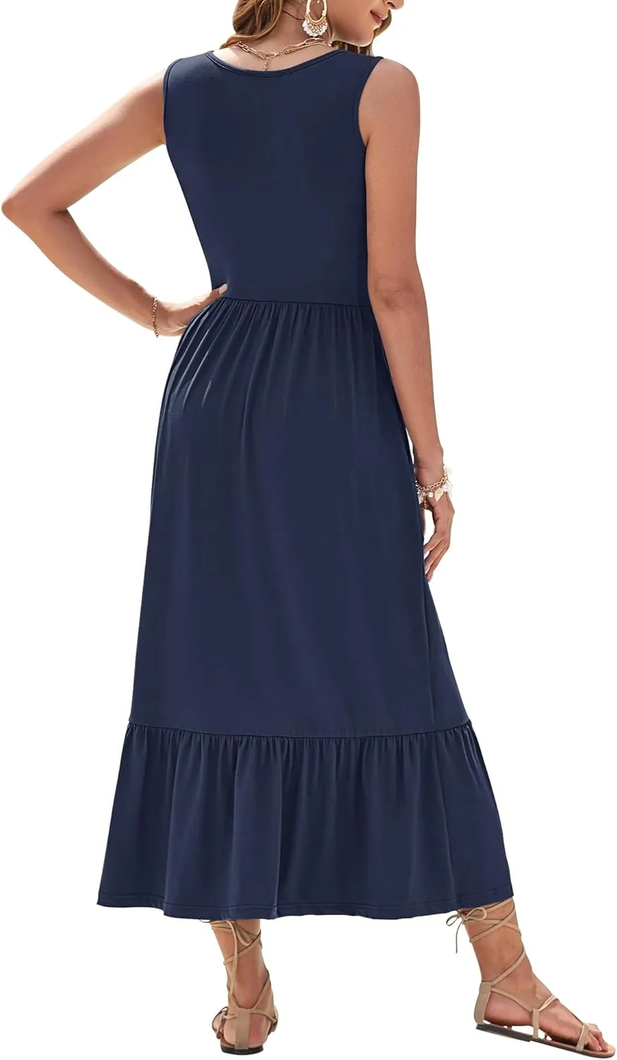 AUSELILY Womens Summer Dresses 2025 Sleeveless Maxi Dress Square Neck Casual Tiered Long Dress with Pockets