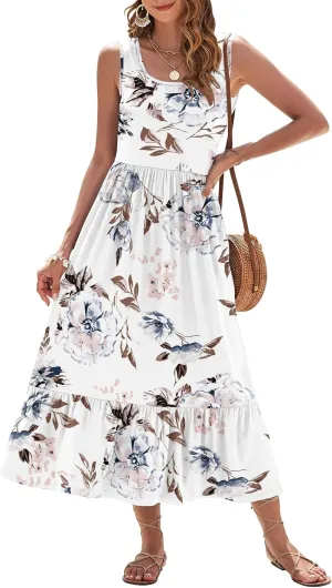 AUSELILY Womens Summer Dresses 2025 Sleeveless Maxi Dress Square Neck Casual Tiered Long Dress with Pockets