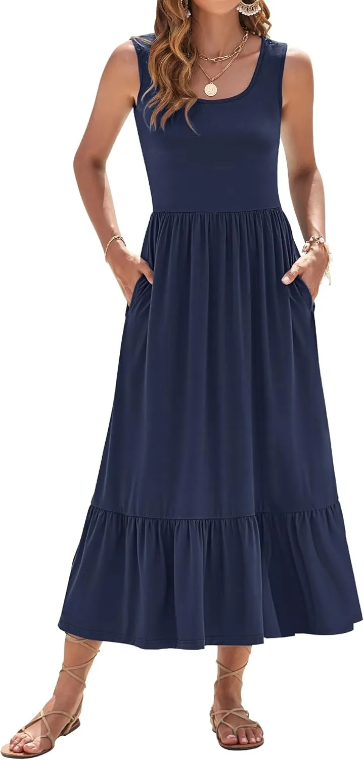 AUSELILY Womens Summer Dresses 2025 Sleeveless Maxi Dress Square Neck Casual Tiered Long Dress with Pockets
