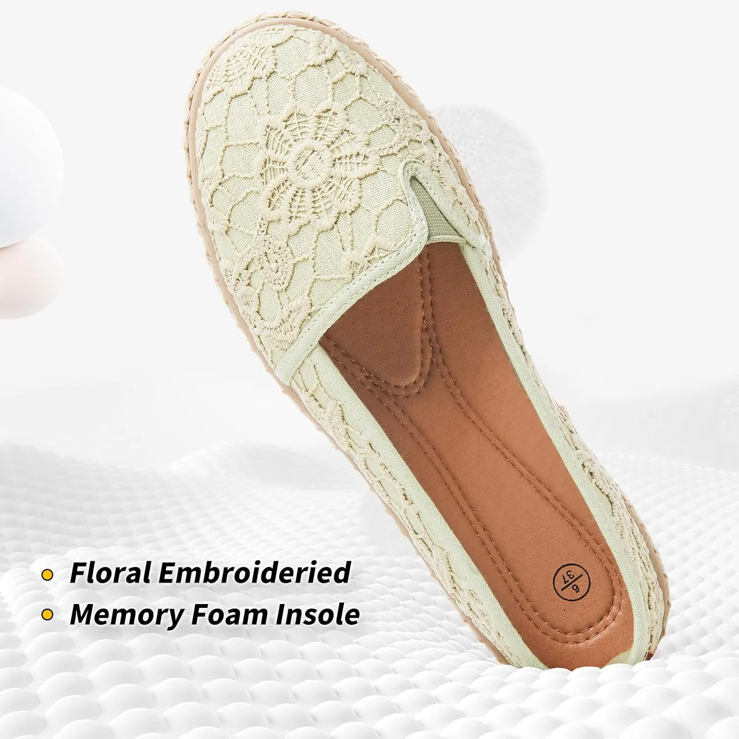 BABUDOG Women's Black Flats with Flower Embroideried,White Lace Ballet Flats,Comfortable Dress Flats