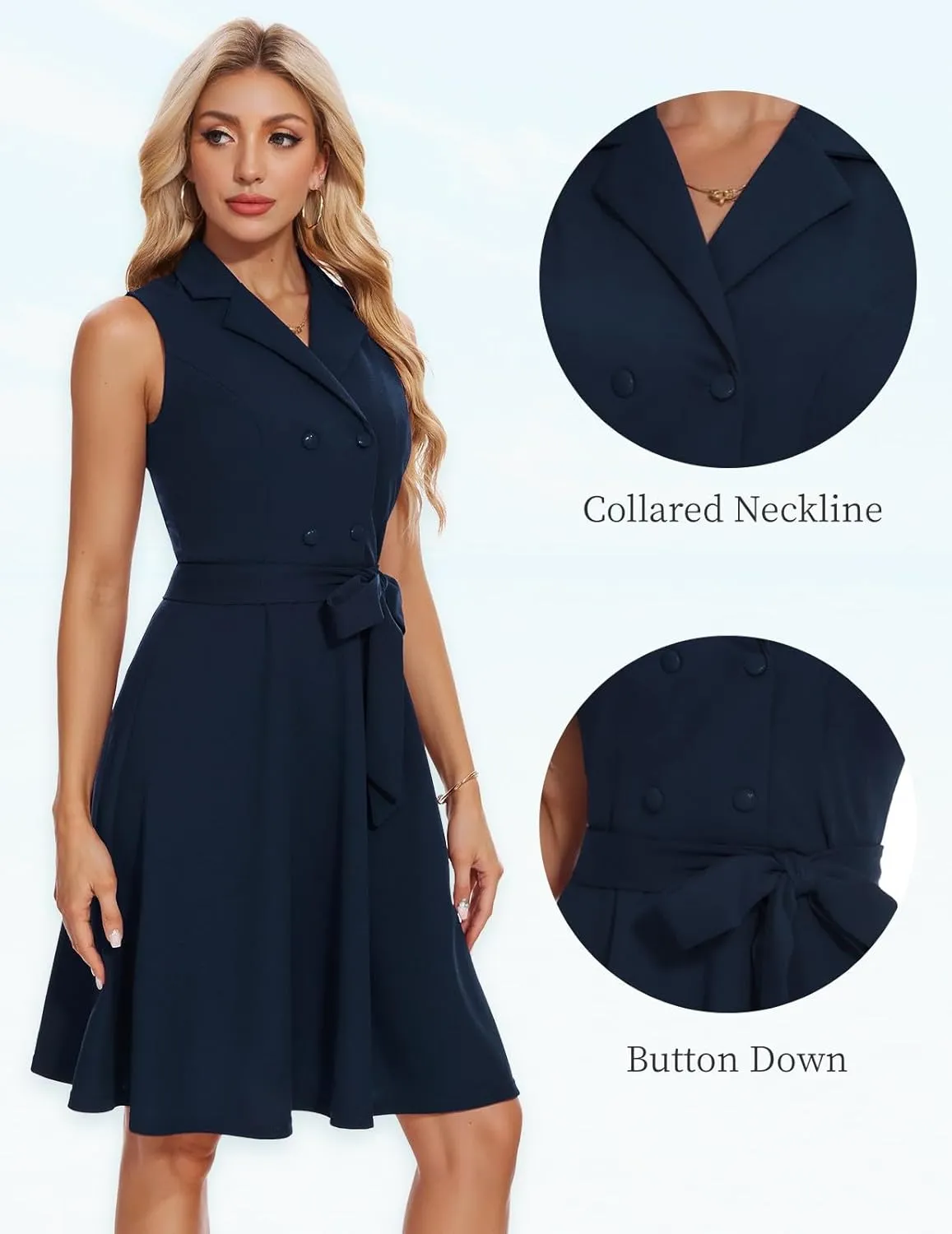 Bbonlinedress Collared Neck Button Down Belted Vintage Cocktail Formal Casual Flowy Wedding Guest Dress