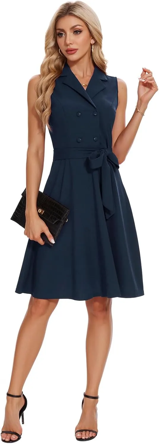 Bbonlinedress Collared Neck Button Down Belted Vintage Cocktail Formal Casual Flowy Wedding Guest Dress