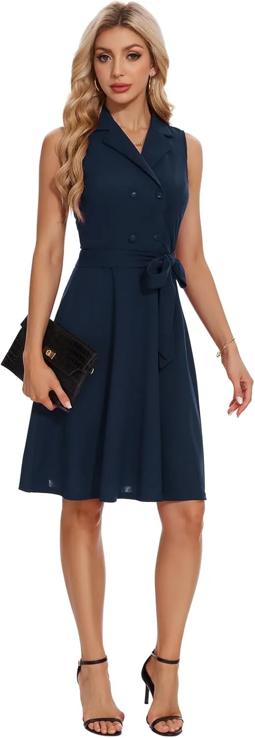 Bbonlinedress Collared Neck Button Down Belted Vintage Cocktail Formal Casual Flowy Wedding Guest Dress