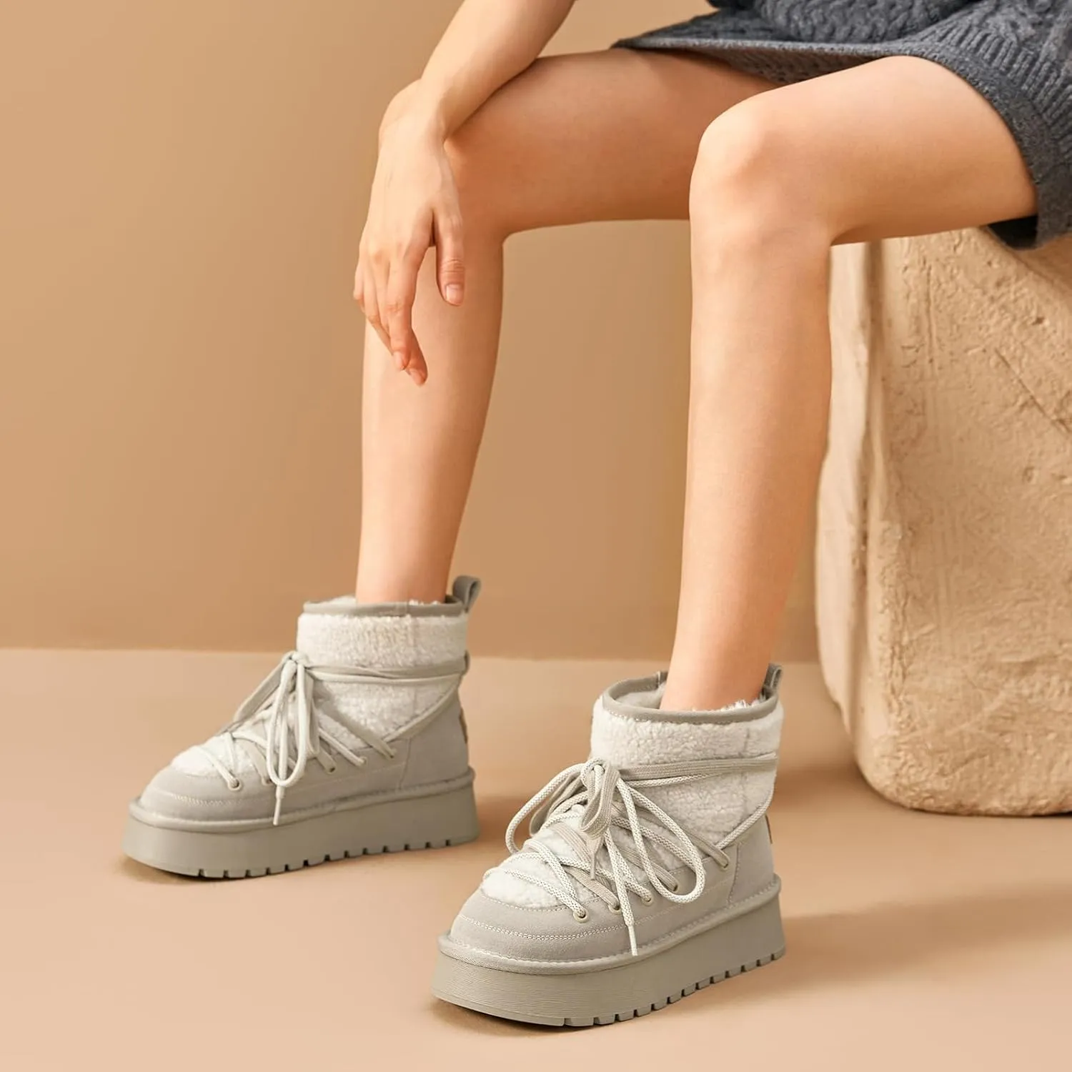 BEAU TODAY Snow Boots for Women, Platform Anti-Slip Winter Booties, Warm Fur Lace Up Round Toe Ankle Boots for Women, Comfort Faux Fur Outdoor Walking Boots