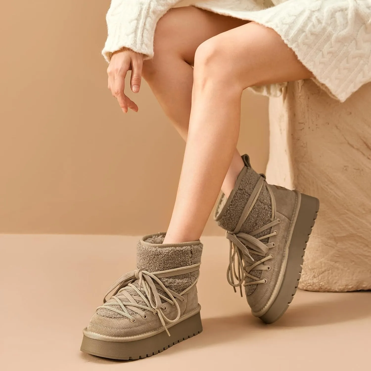 BEAU TODAY Snow Boots for Women, Platform Anti-Slip Winter Booties, Warm Fur Lace Up Round Toe Ankle Boots for Women, Comfort Faux Fur Outdoor Walking Boots