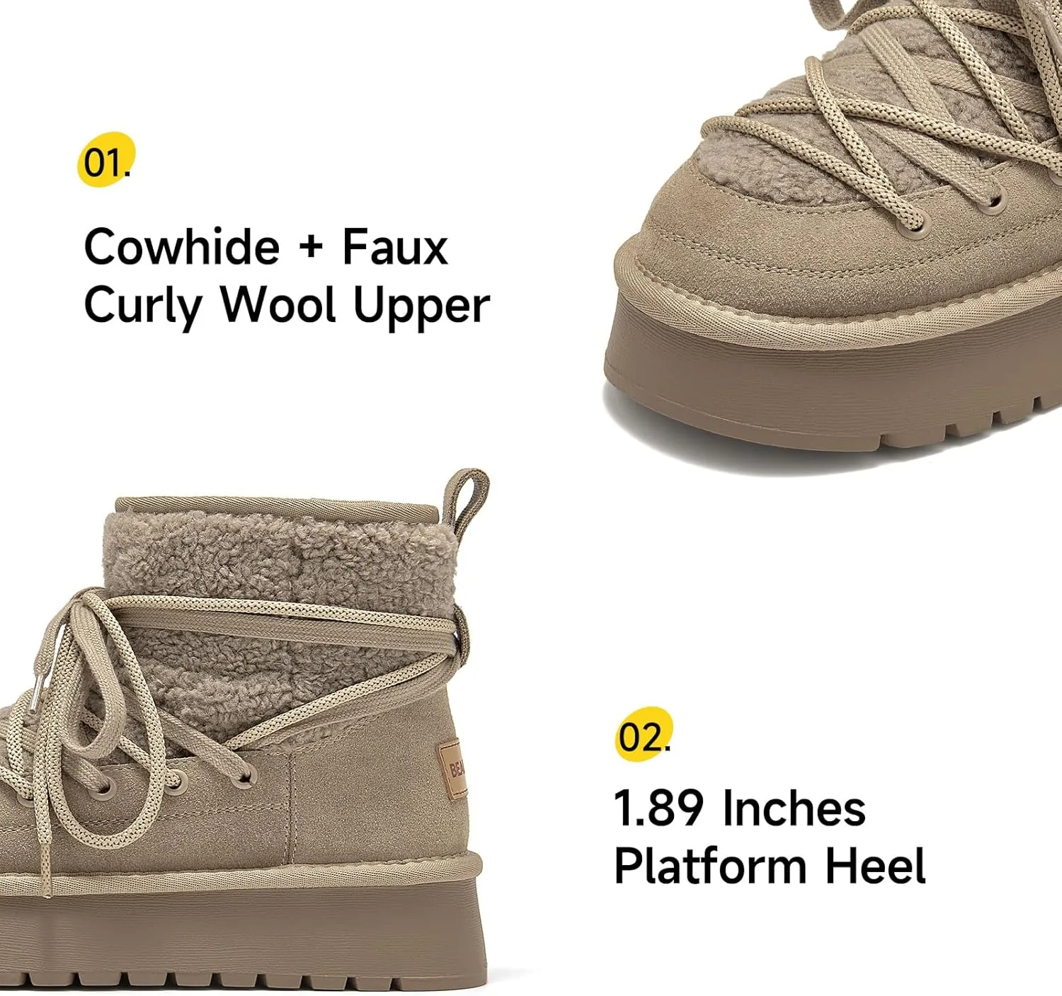 BEAU TODAY Snow Boots for Women, Platform Anti-Slip Winter Booties, Warm Fur Lace Up Round Toe Ankle Boots for Women, Comfort Faux Fur Outdoor Walking Boots