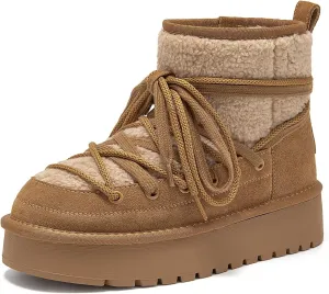 BEAU TODAY Snow Boots for Women, Platform Anti-Slip Winter Booties, Warm Fur Lace Up Round Toe Ankle Boots for Women, Comfort Faux Fur Outdoor Walking Boots