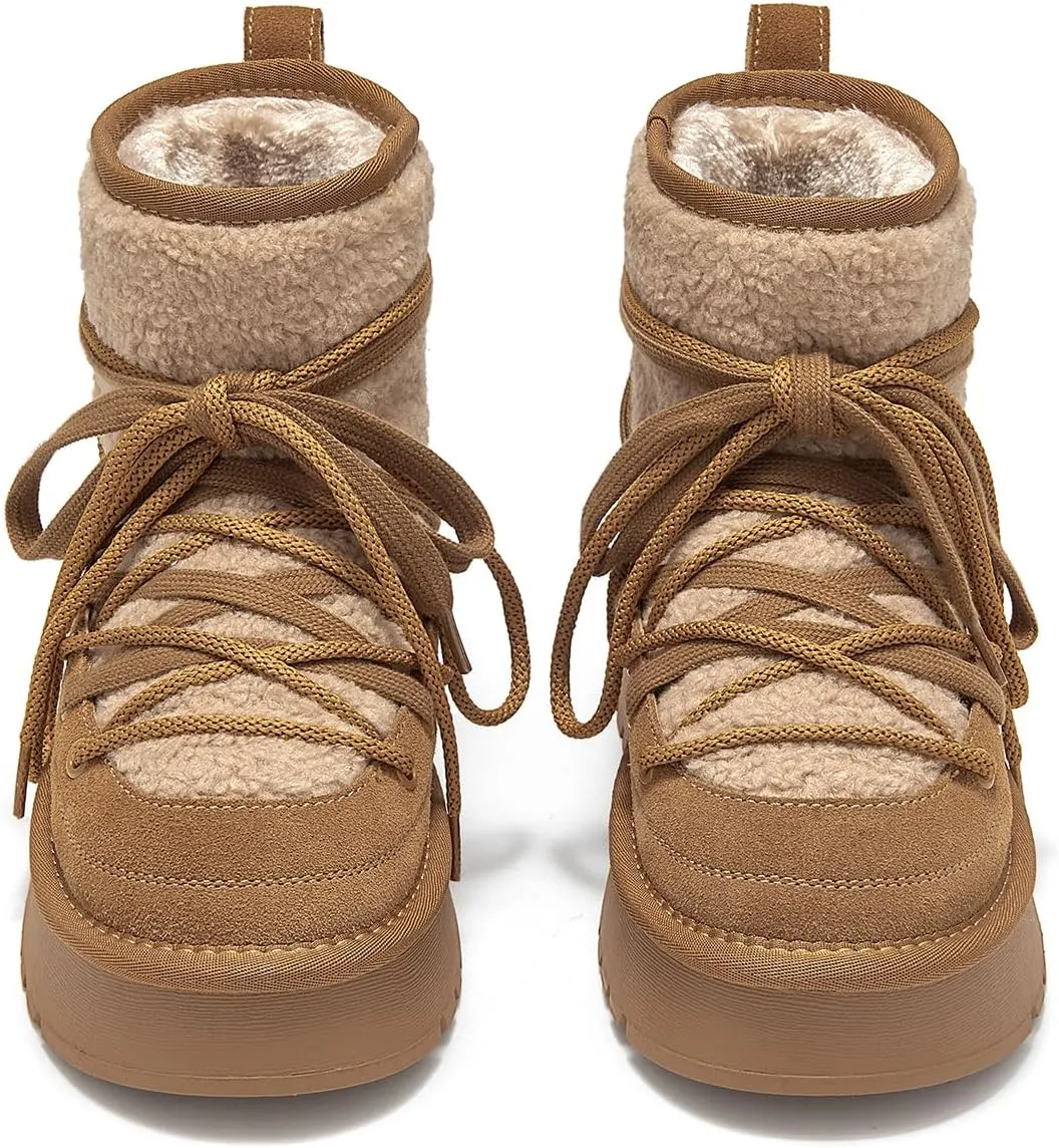 BEAU TODAY Snow Boots for Women, Platform Anti-Slip Winter Booties, Warm Fur Lace Up Round Toe Ankle Boots for Women, Comfort Faux Fur Outdoor Walking Boots