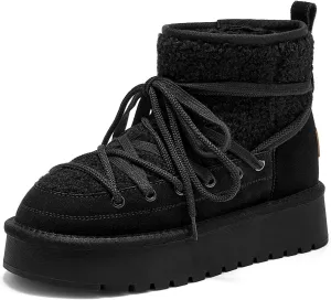 BEAU TODAY Snow Boots for Women, Platform Anti-Slip Winter Booties, Warm Fur Lace Up Round Toe Ankle Boots for Women, Comfort Faux Fur Outdoor Walking Boots